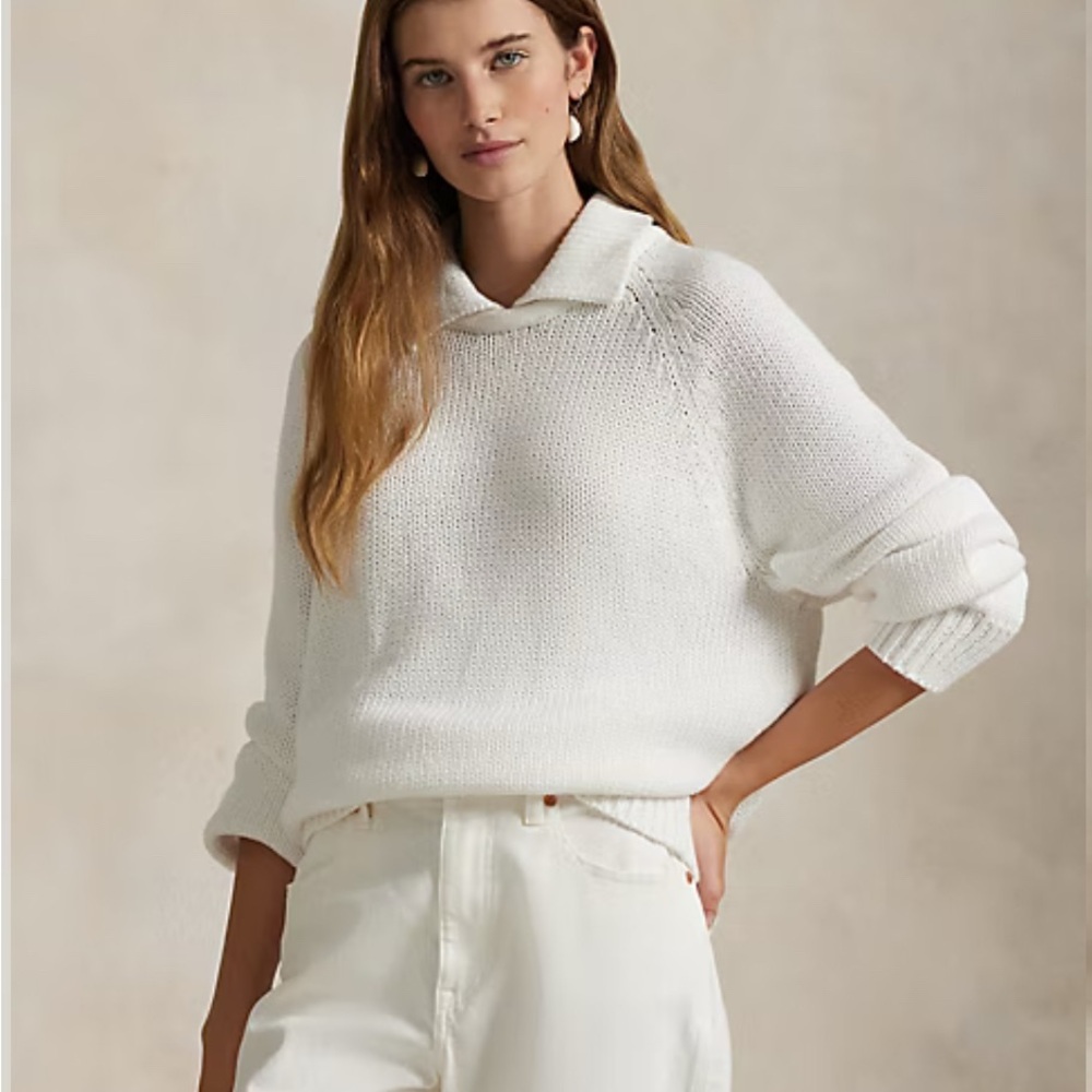 Polo Ralph Laure Layered-Collar Cotton Sweater | color: white | size L - Picture 9 of 10